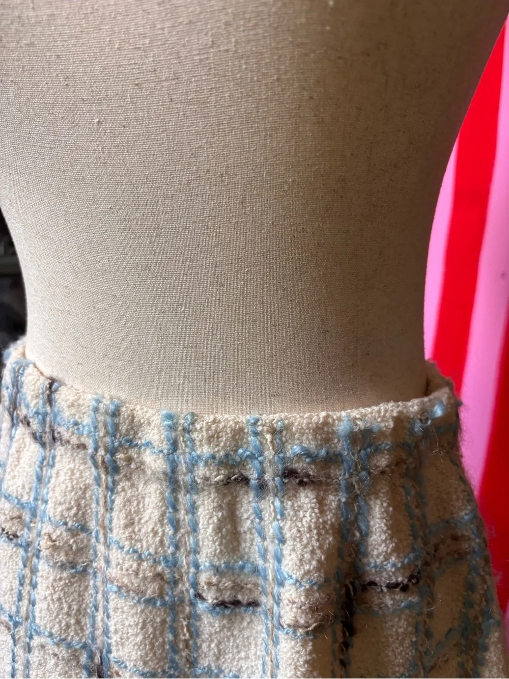 Vintage Adolfo Saks 2 Piece Wool Boucle Suit Set Plaid Skirt Jacket ILGWU USA